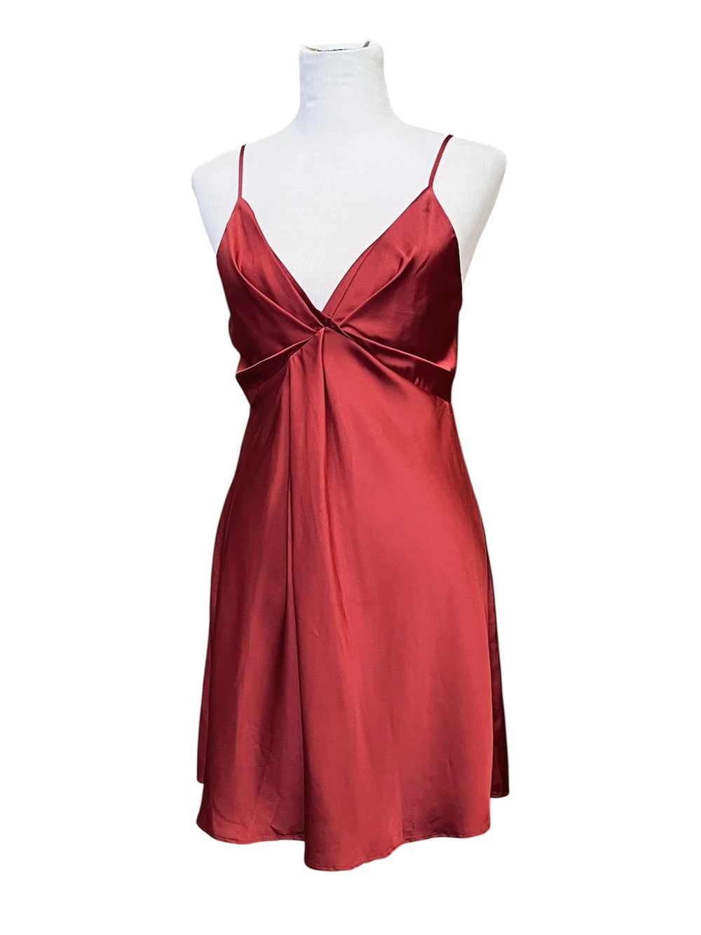 Burnt Orange Satin Draped V-Neck Mini Dress | Medium, Forever 21